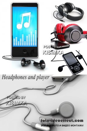 Stock Photo: Headphones and player on a white background