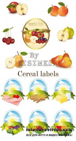 Collection of food labels - meat, milk, fruit and cereal