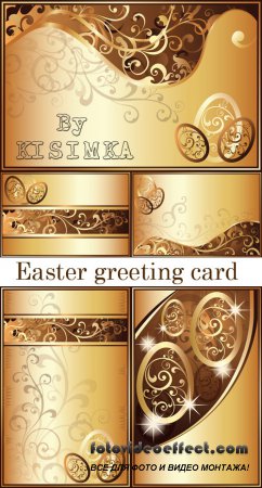 Stock: Easter greeting card with golden eggs
