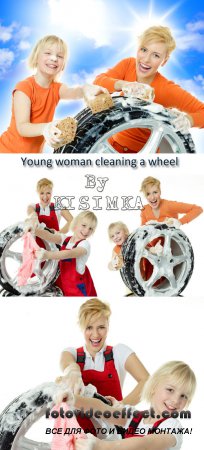 Stock Photo: Young woman and cute girl cleaning a wheel