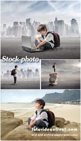    / Boy with a laptop and a backpack - Raster clipart