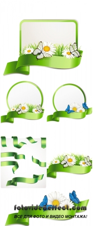 Stock: Green ribbon with daisies and butterflies